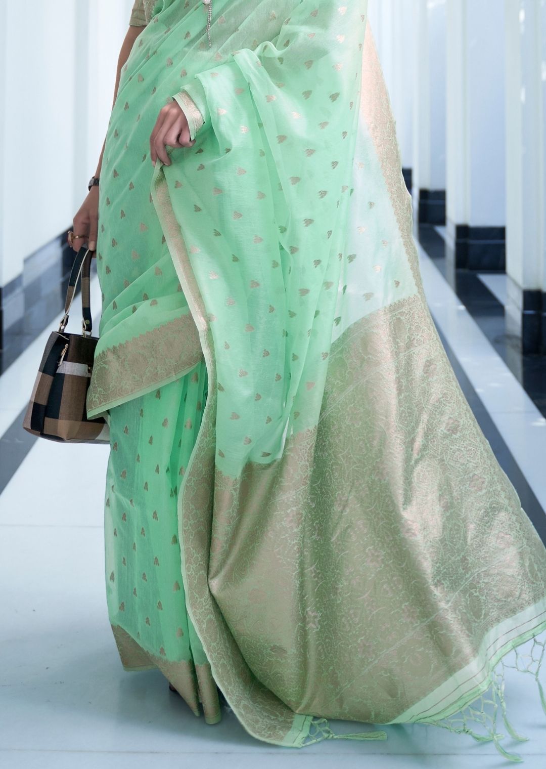 Mint Green Zari Woven Pure Handloom Linen Saree