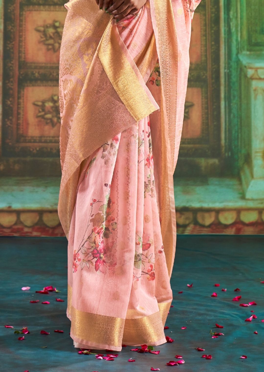 Blossom Pink Zari Woven Pure Handloom Digital Linen Saree