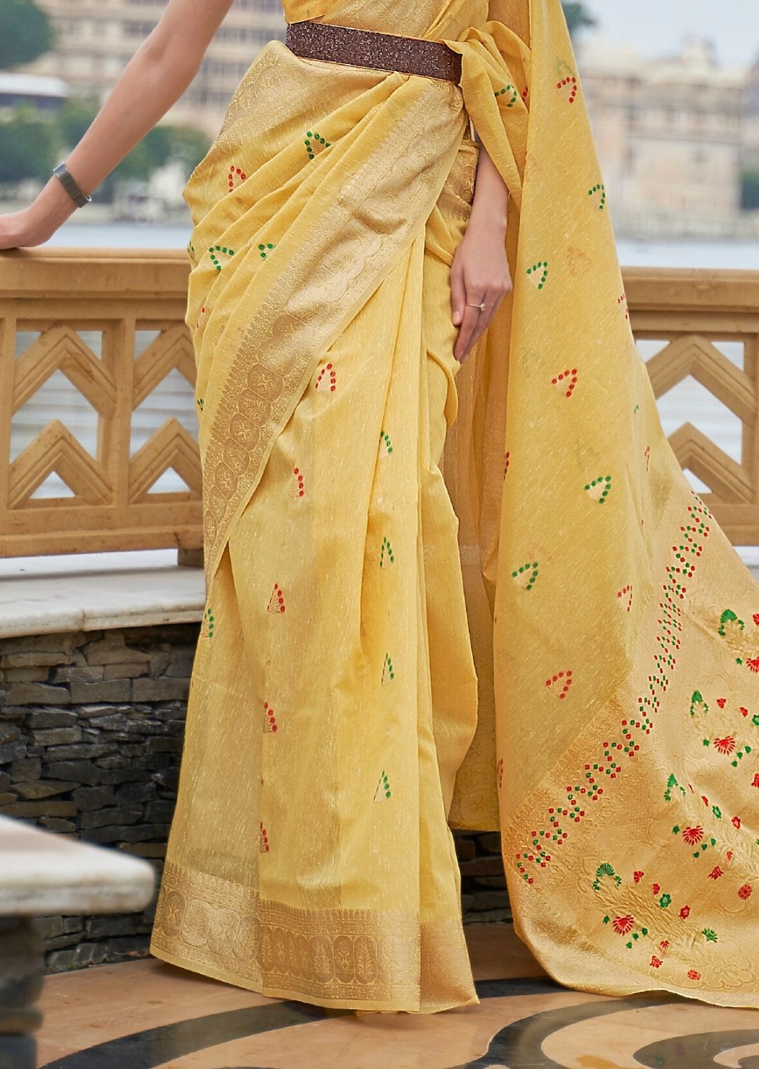 Glazed Corn Yellow Zari Woven Pure Handloom Linen Saree