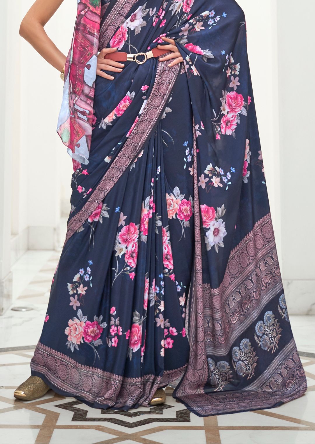 Midnight Blue Kalamkari Printed Pure Crepe Silk Saree