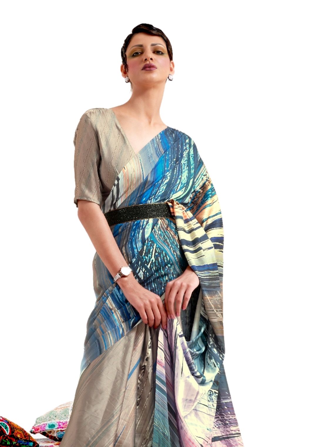 Dove Grey & Blue Digital Printed Satin Crepe Saree