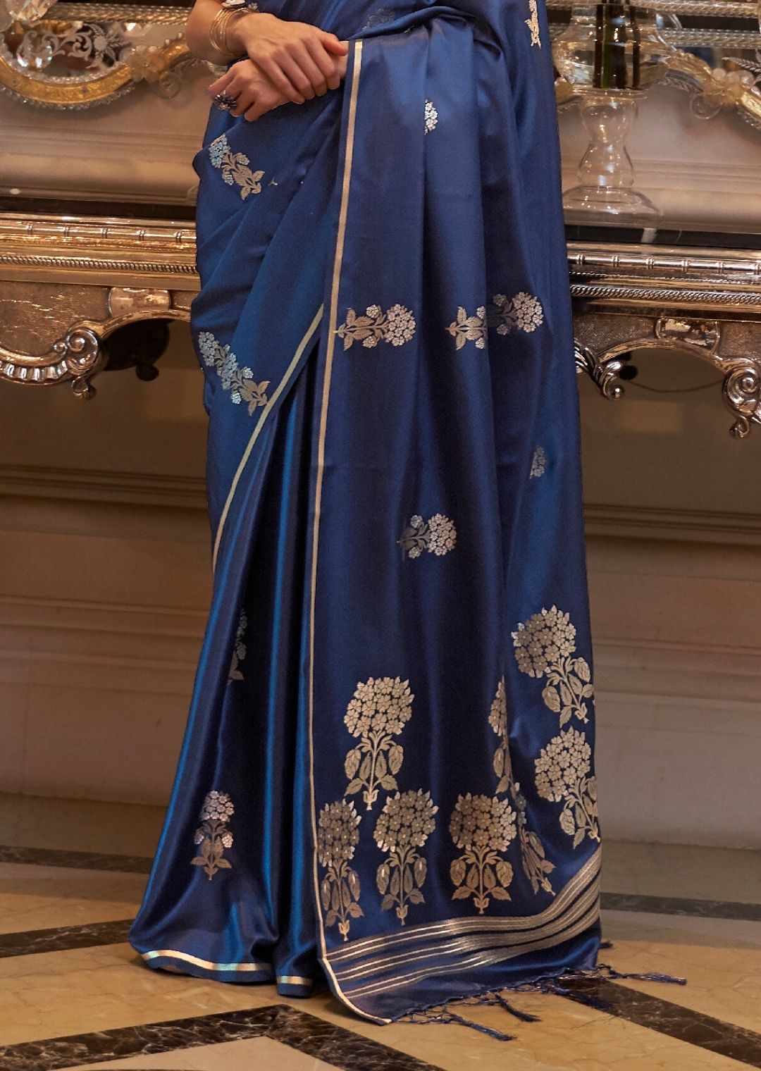 Blue Woven Pure Satin Silk Saree
