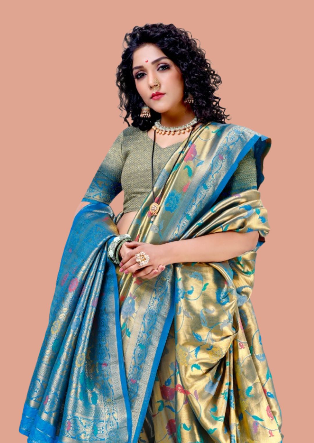 Golden Blue Zari Woven Traditional Nauvari Pure Kanjivaram Brocade Silk Saree