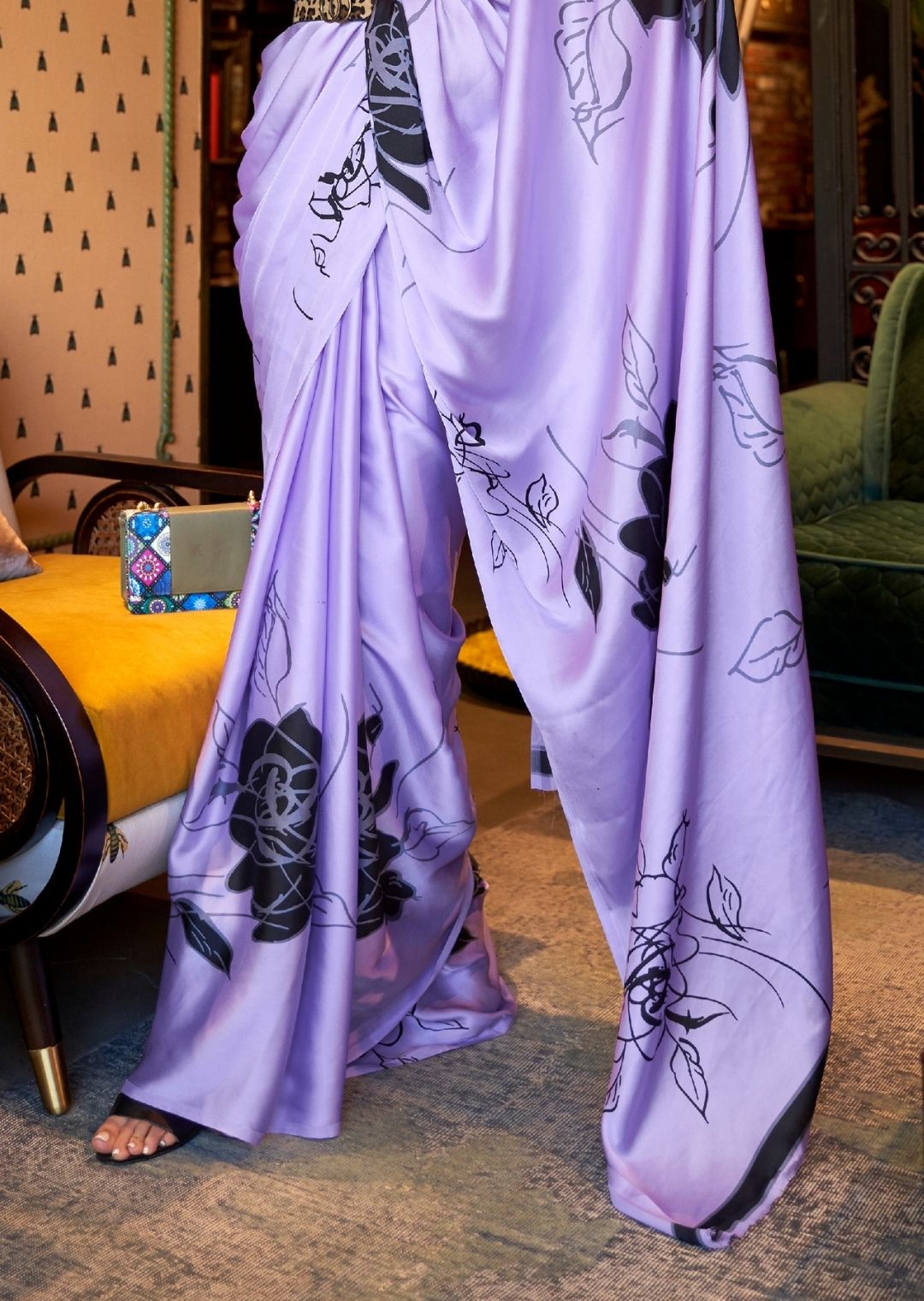 Bright Wisteria Purple Digital Printed Satin Crepe Silk Saree