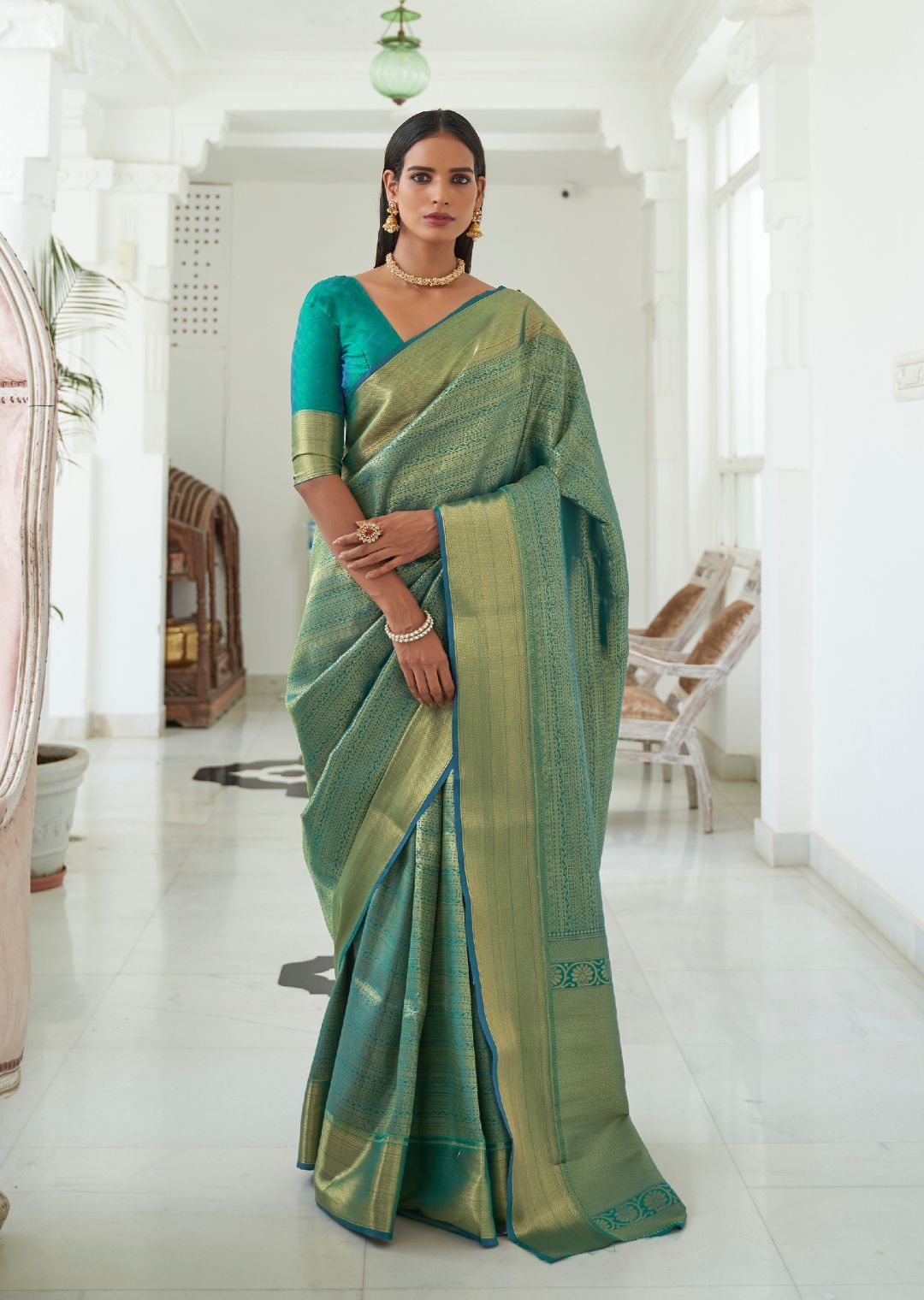 Indian Wedding Saree - Beautiful green jacquard saree enhanced with blue &  golden woven traces and paired up with blue blouse. Peacock shades! . .  Product code: 1570528 . . . #IndianWeddingSaree #