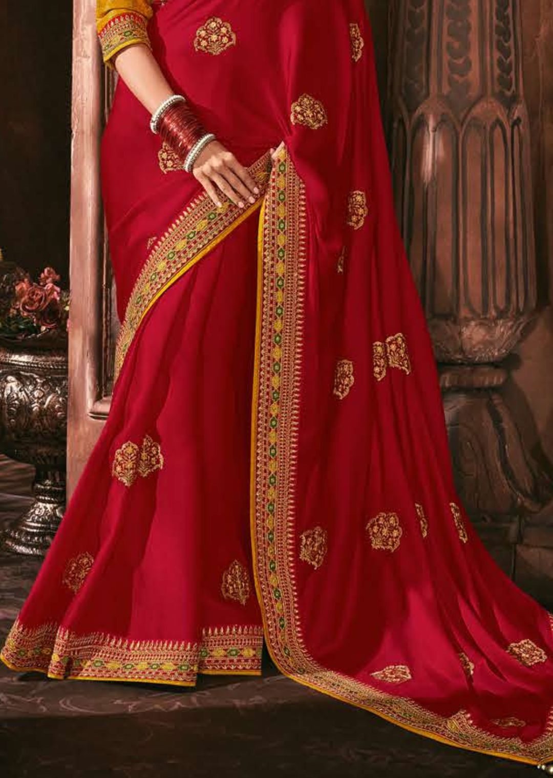 Red & Mustard Yellow Woven Celebrities Designer Saree with Embroidered Silk Blouse