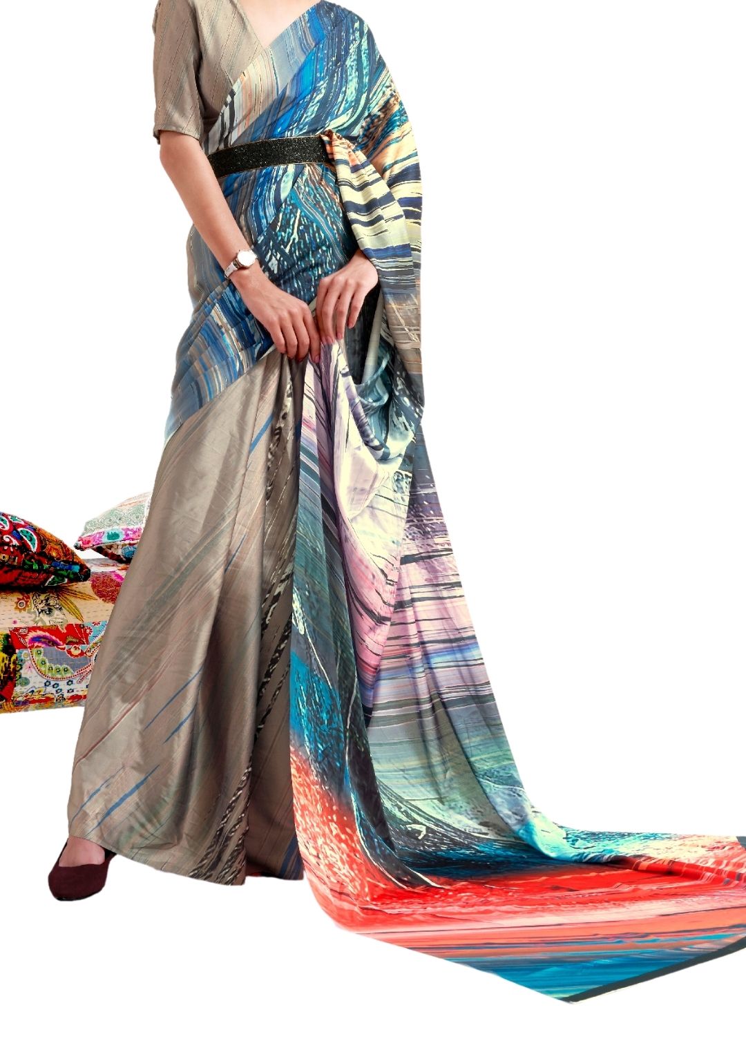 Dove Grey & Blue Digital Printed Satin Crepe Saree