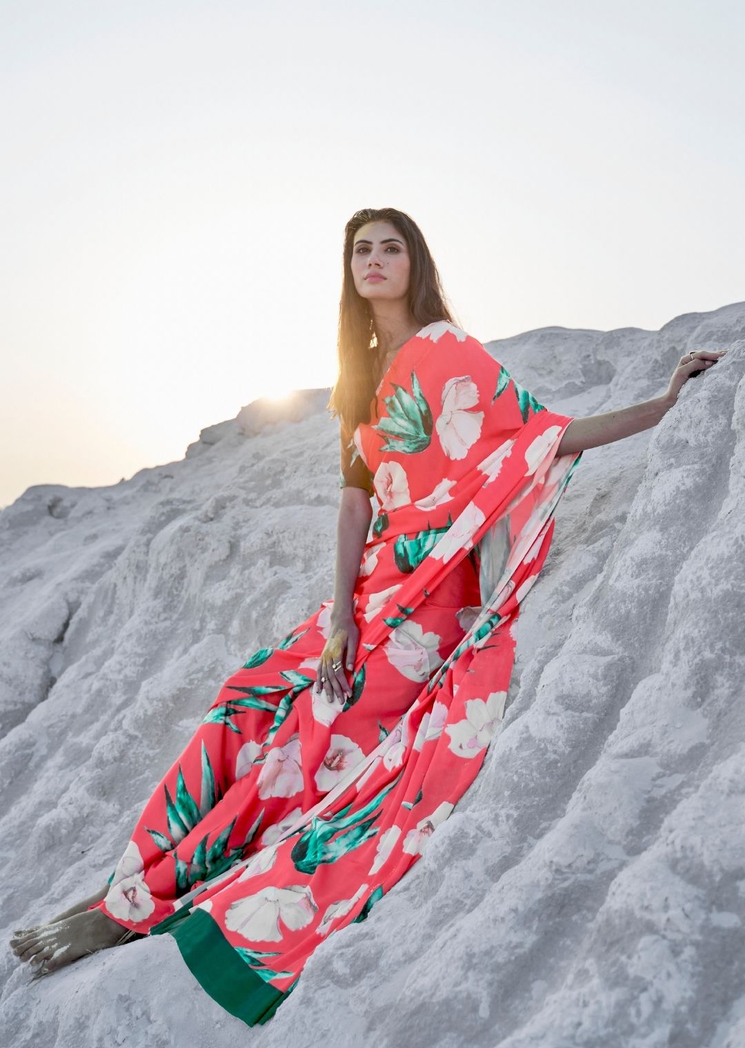 Sunset Orange Digital Printed Satin Crepe Saree