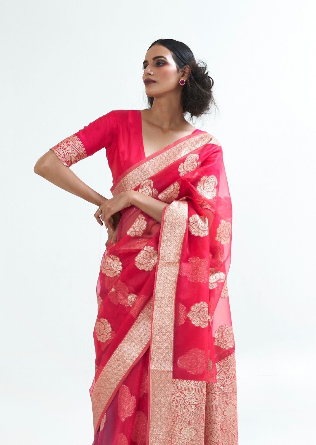 Crimson Red Hand Woven Organza Silk Saree