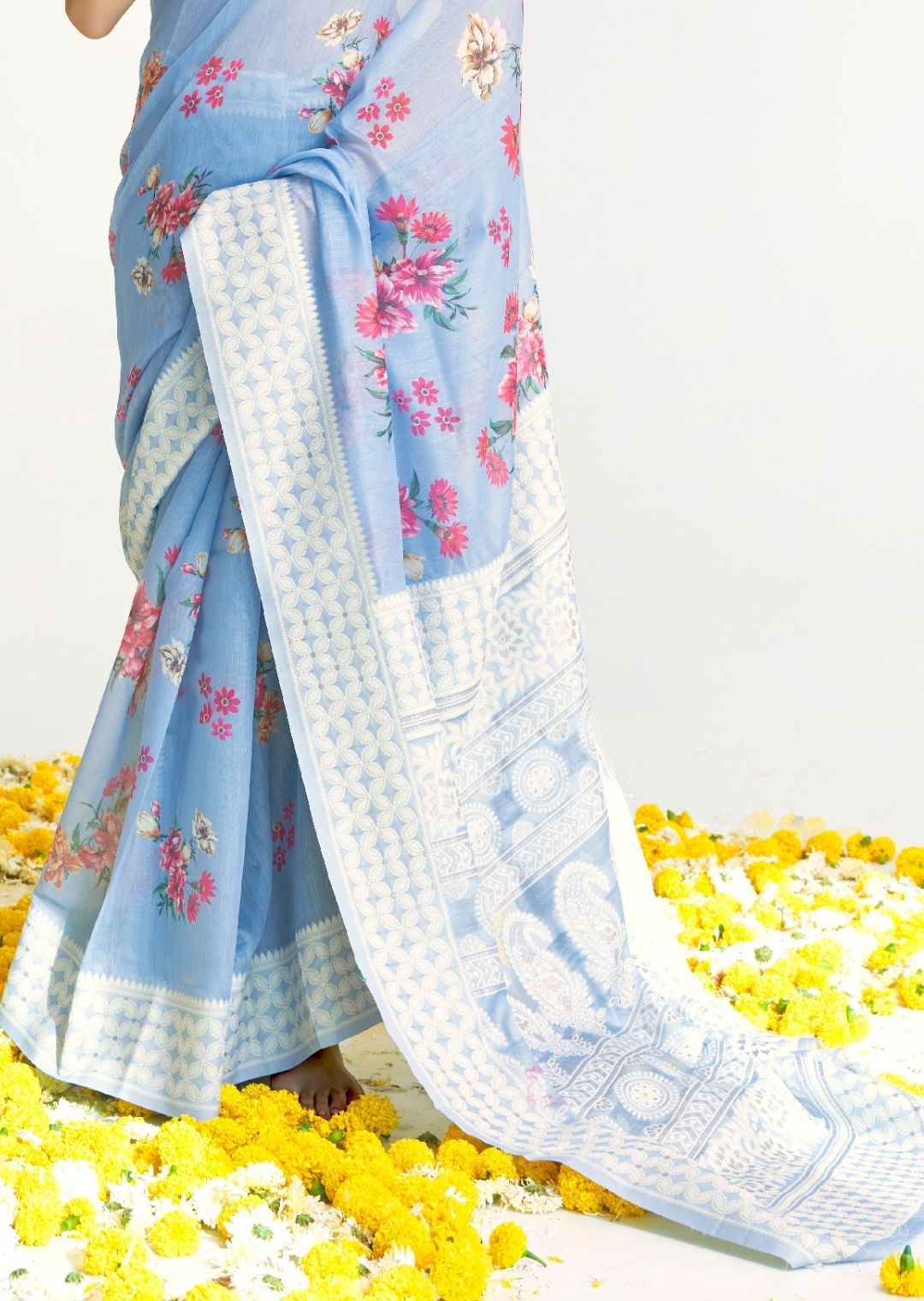 Cornflower Blue Hand Woven Lucknowi Cotton Saree