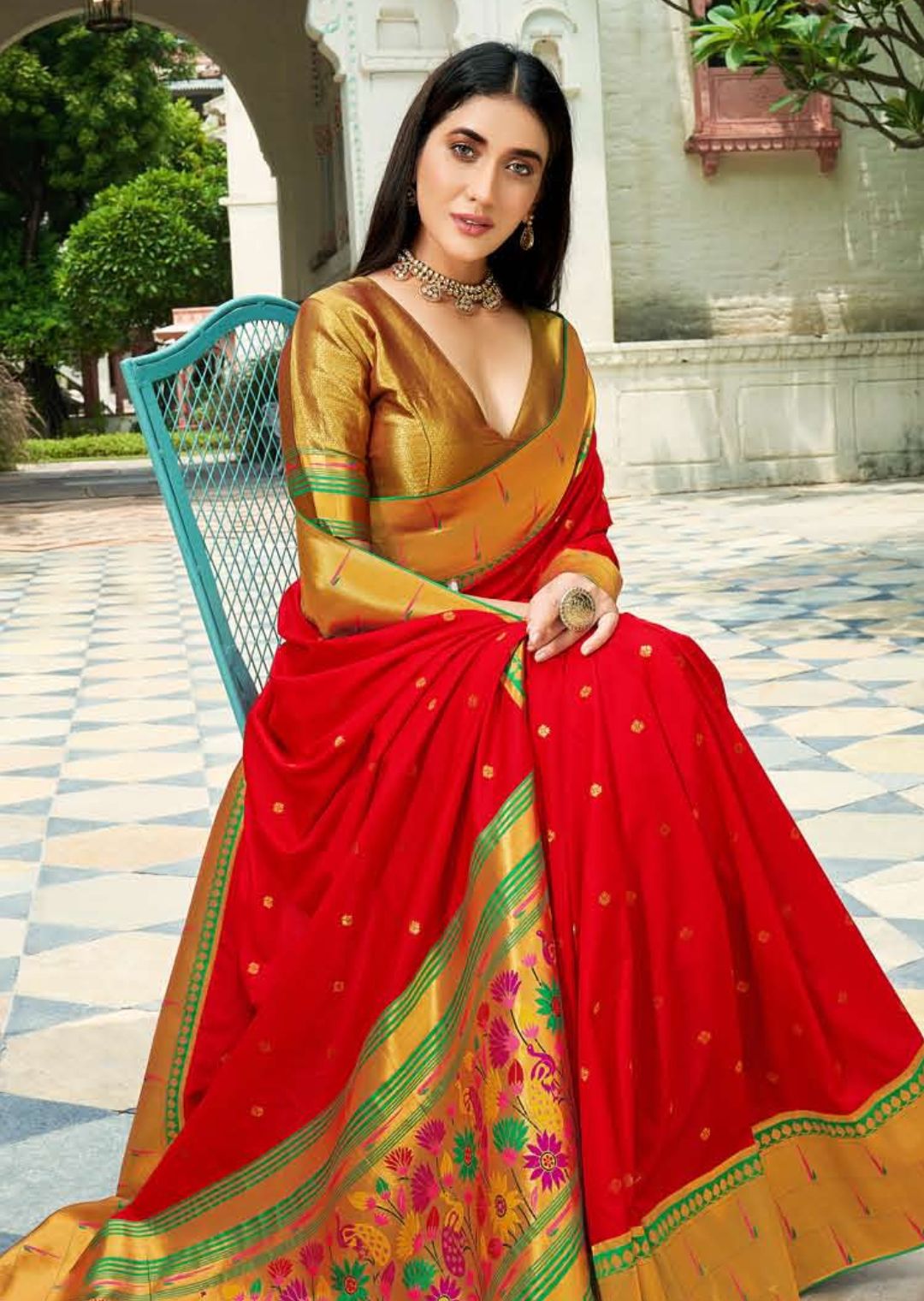 Buy Shaily Red Cotton Silk Saree with Unstitched Blouse online