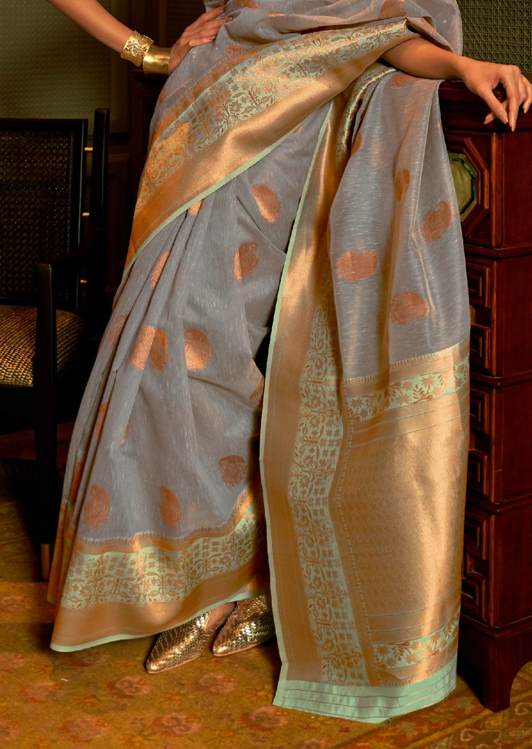 Stone Blue Zari Woven Pure Handloom Linen Saree