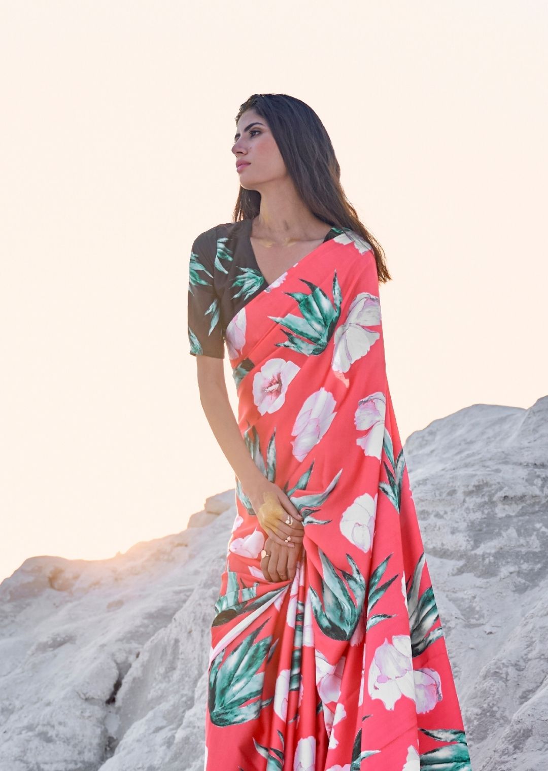 Sunset Orange Digital Printed Satin Crepe Saree