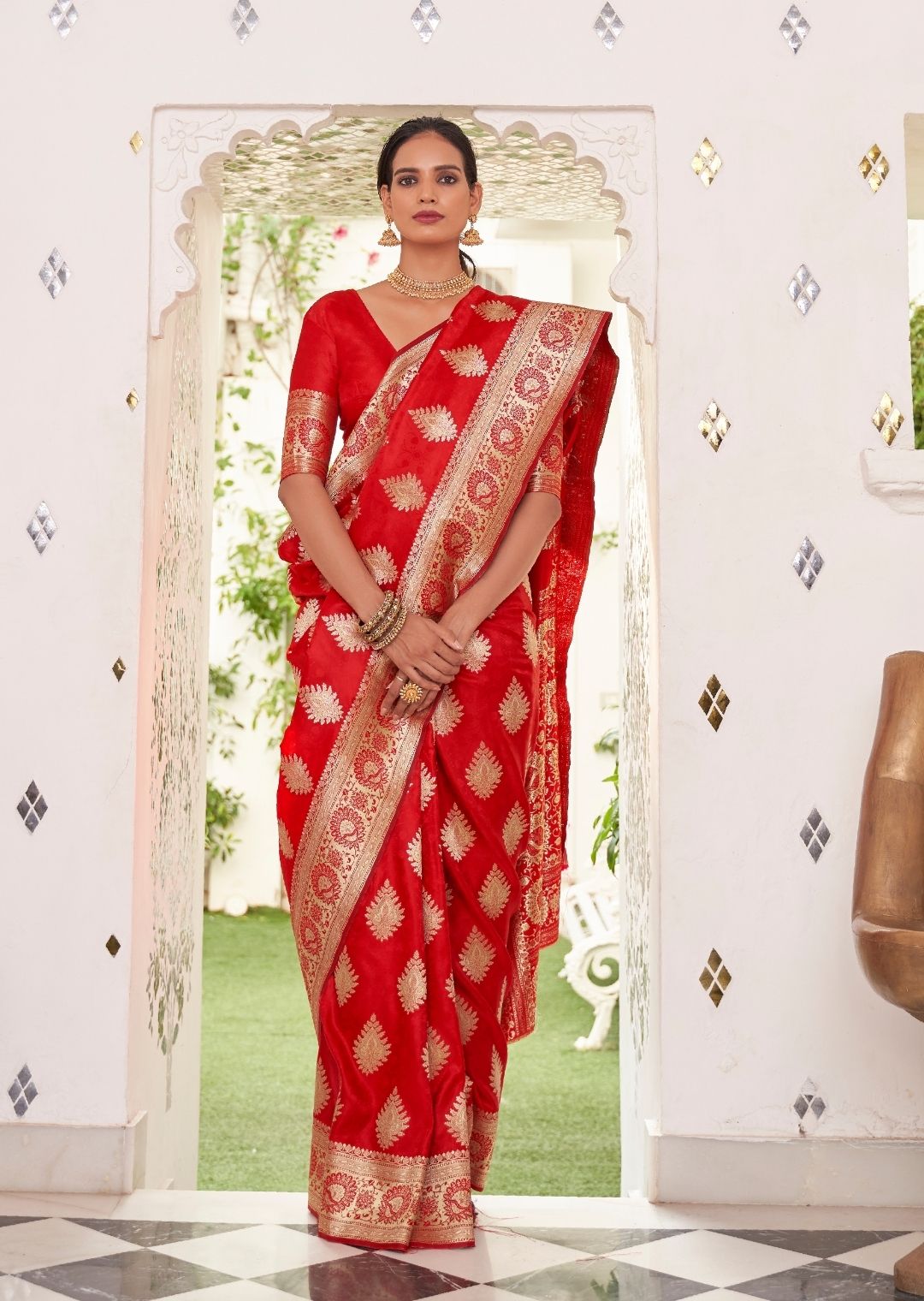 Red Woven Pure Satin Banarasi Silk Saree