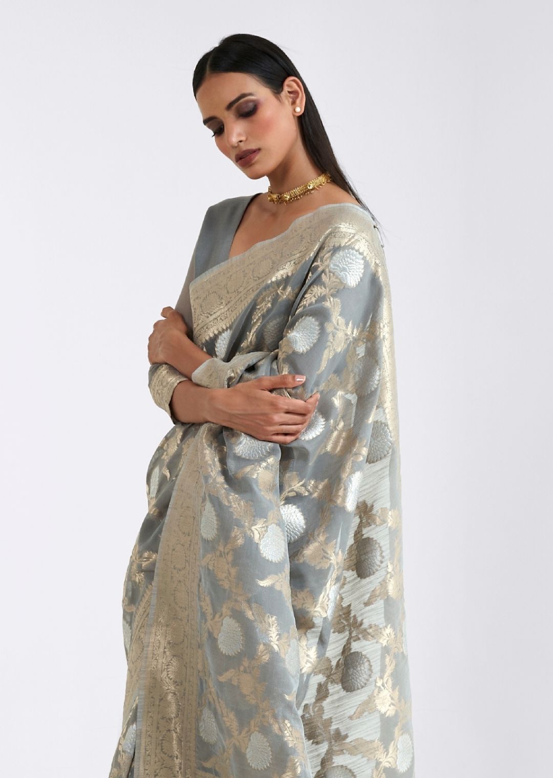 Dove Gray Zari Woven Pure Handloom Linen Saree