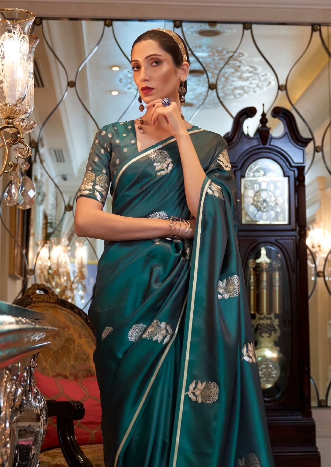 Teal Green Woven Pure Satin Silk Saree