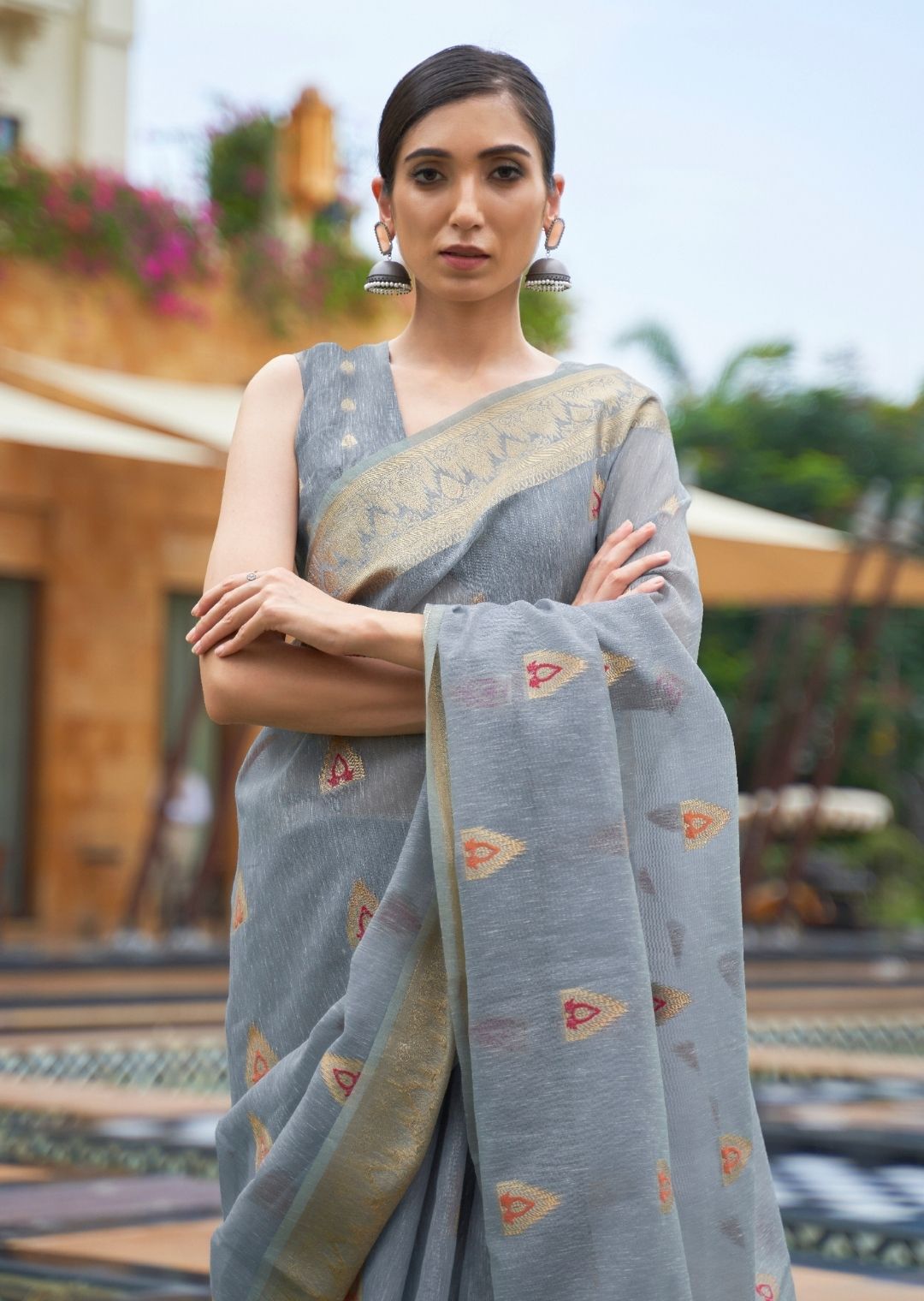 Steal Gray Zari Woven Pure Handloom Linen Saree