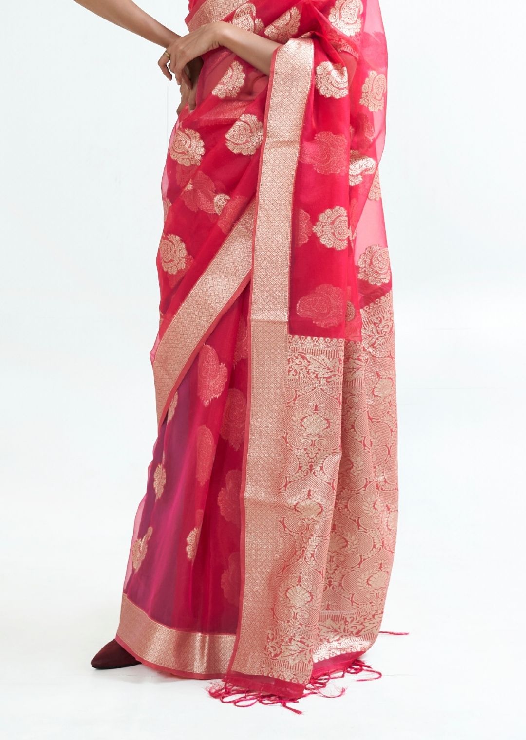 Crimson Red Hand Woven Organza Silk Saree