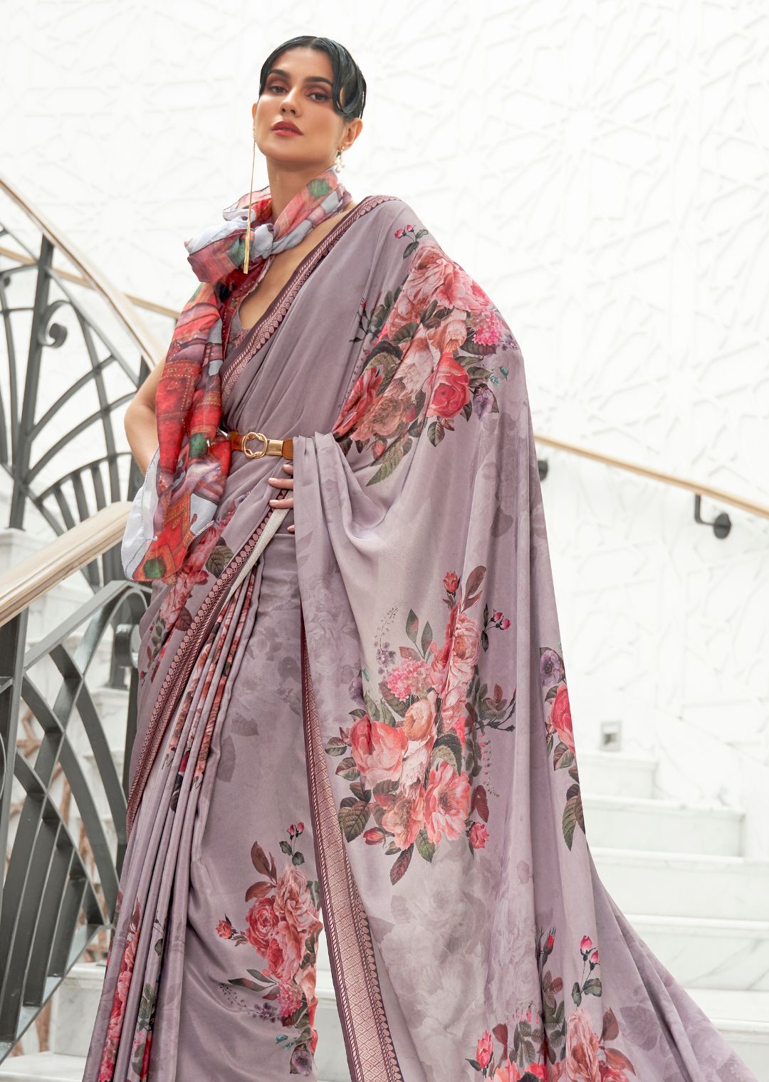 Mauve Gray Kalamkari Printed Pure Crepe Silk Saree