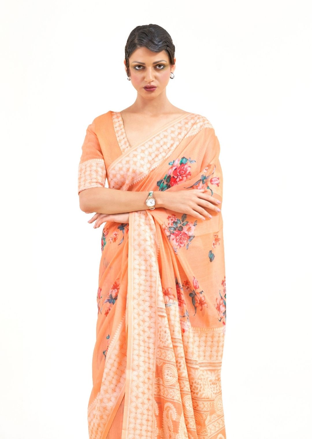 Light Peach Orange Hand Woven Lucknowi Cotton Saree