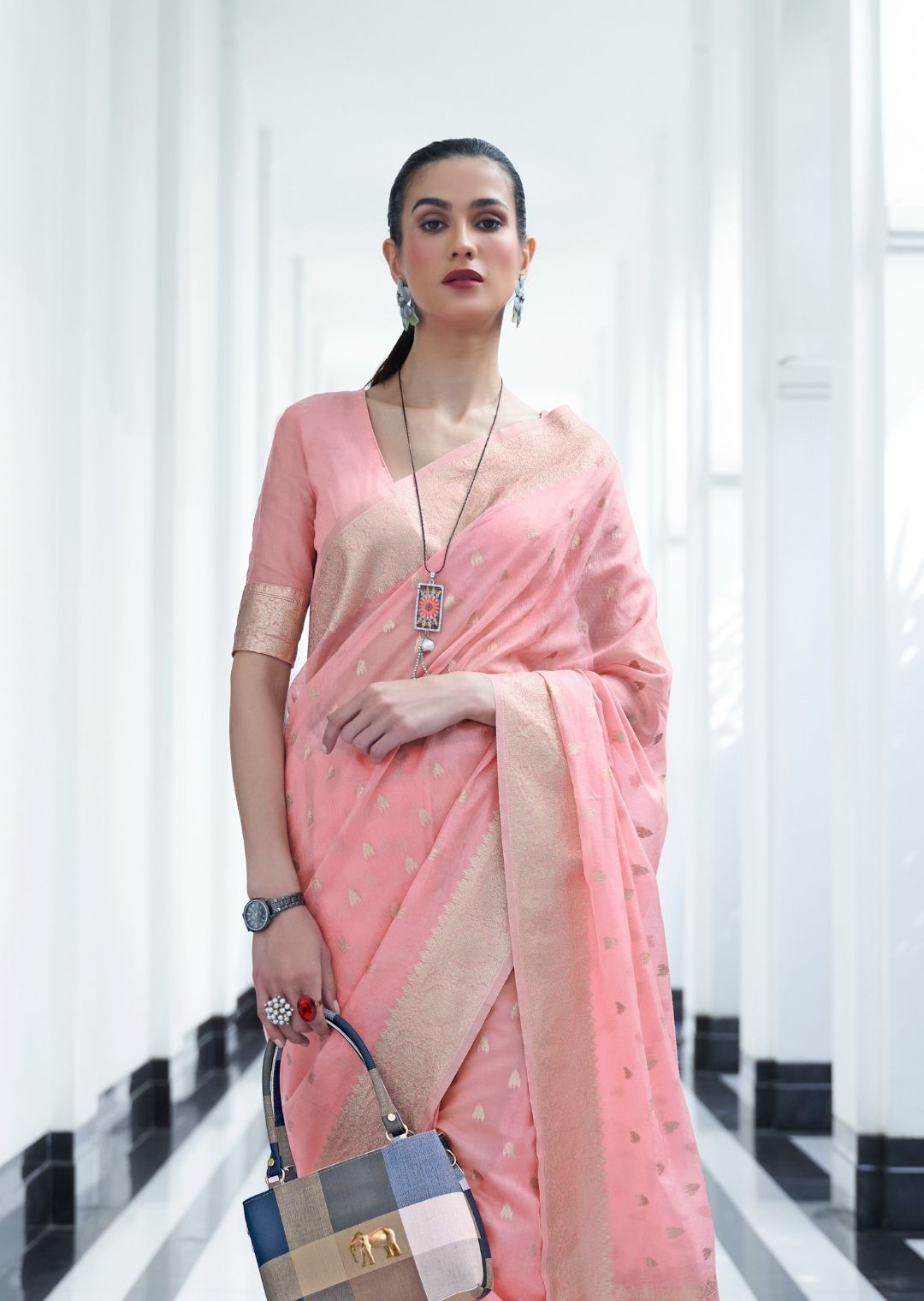 Salmon Pink Zari Woven Pure Handloom Linen Saree