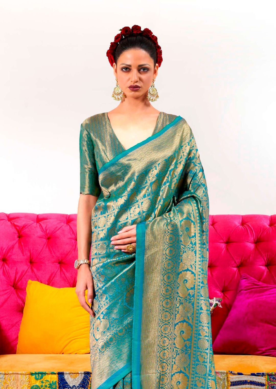 Aqua Blue Hand Woven Kanjivaram Silk Saree