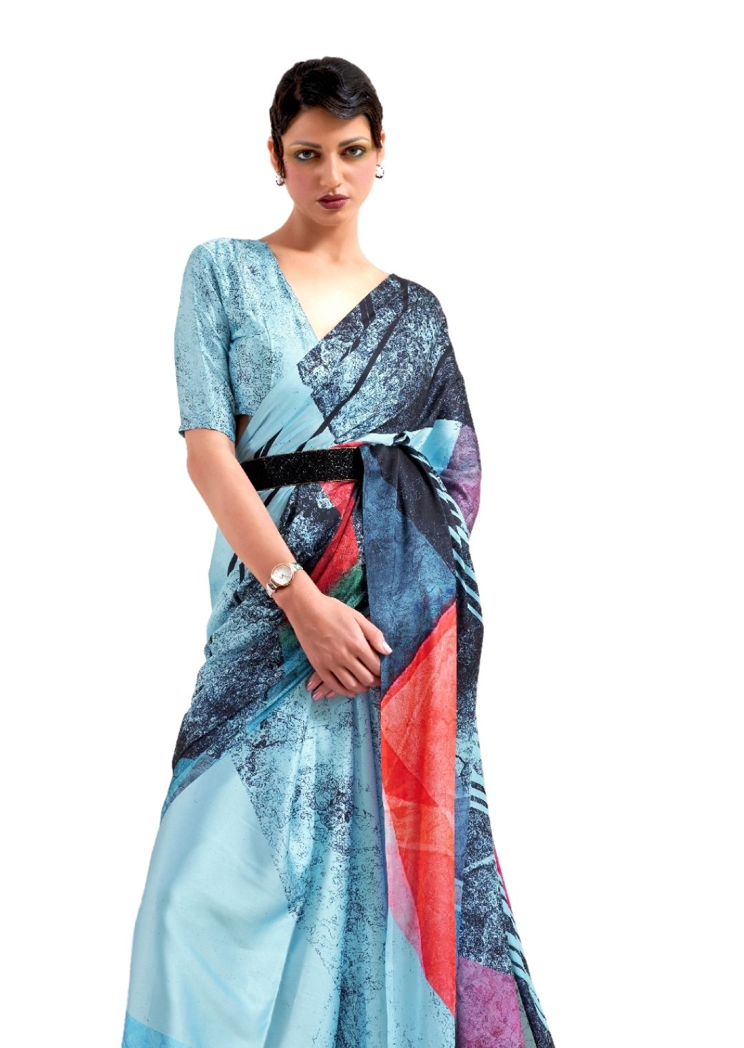 Sky Blue & Black Digital Printed Satin Crepe Saree