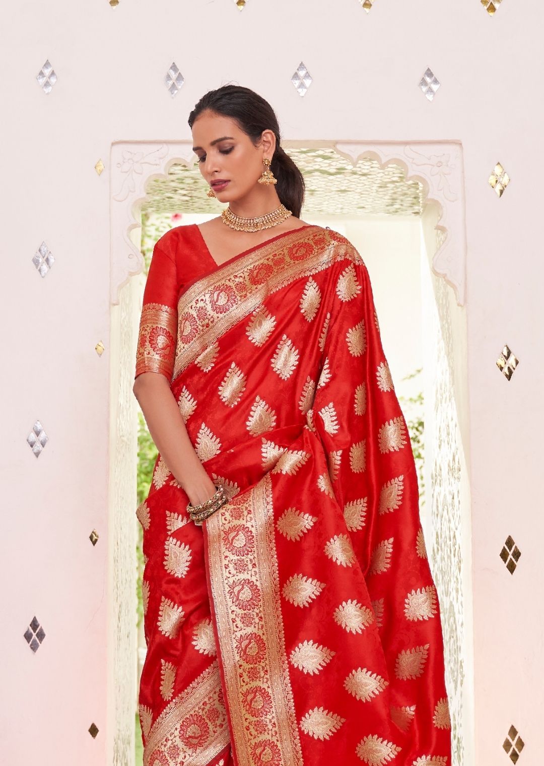 Red Woven Pure Satin Banarasi Silk Saree