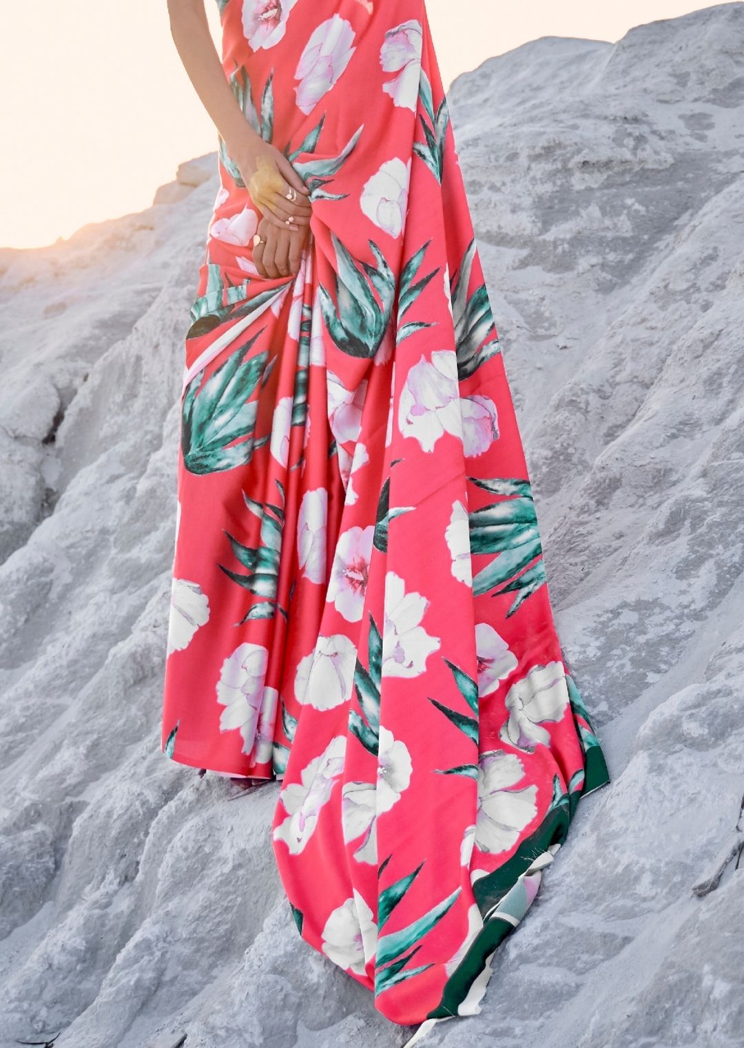 Sunset Orange Digital Printed Satin Crepe Saree