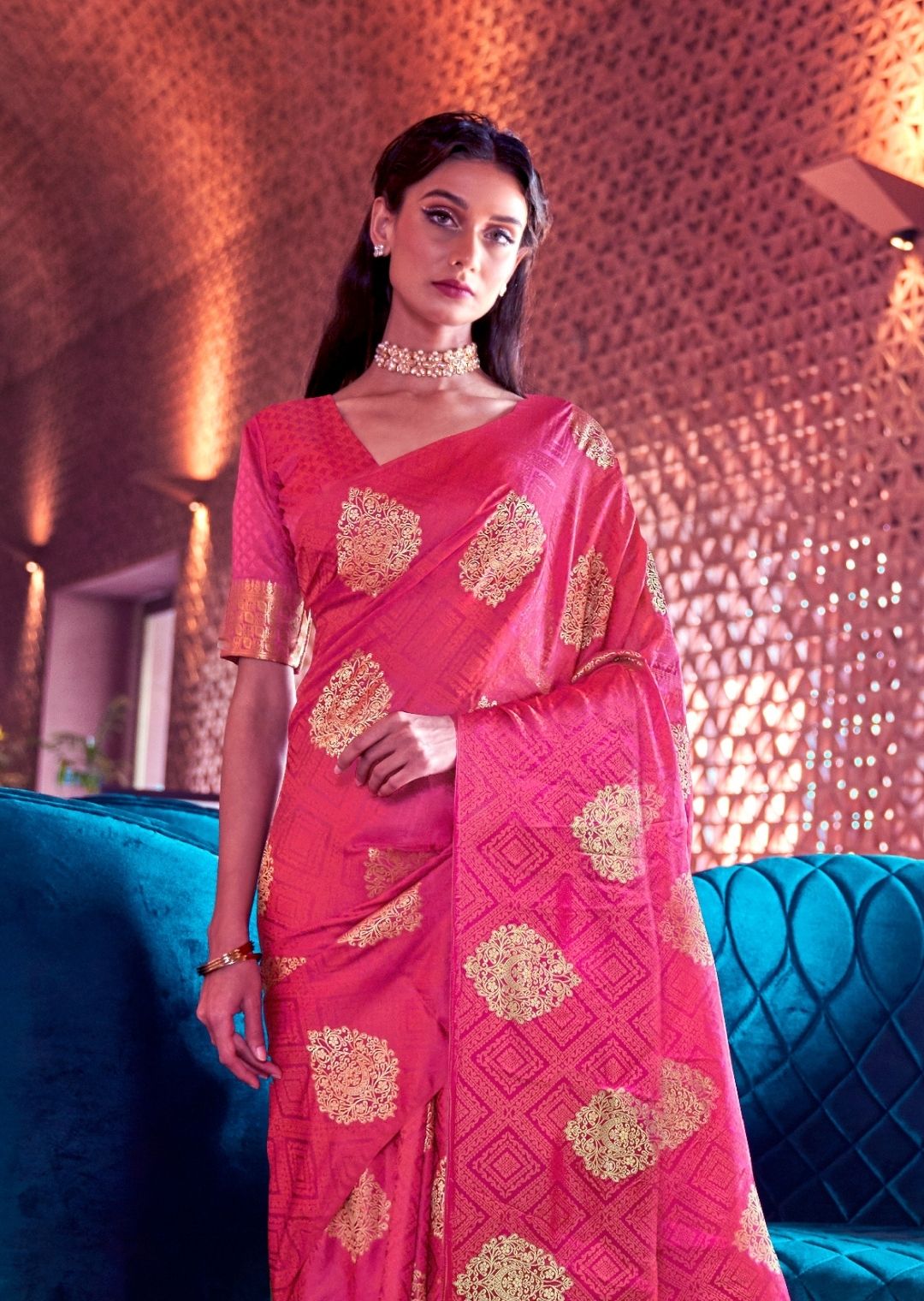 Cerise Pink Woven Pure Satin Silk Saree