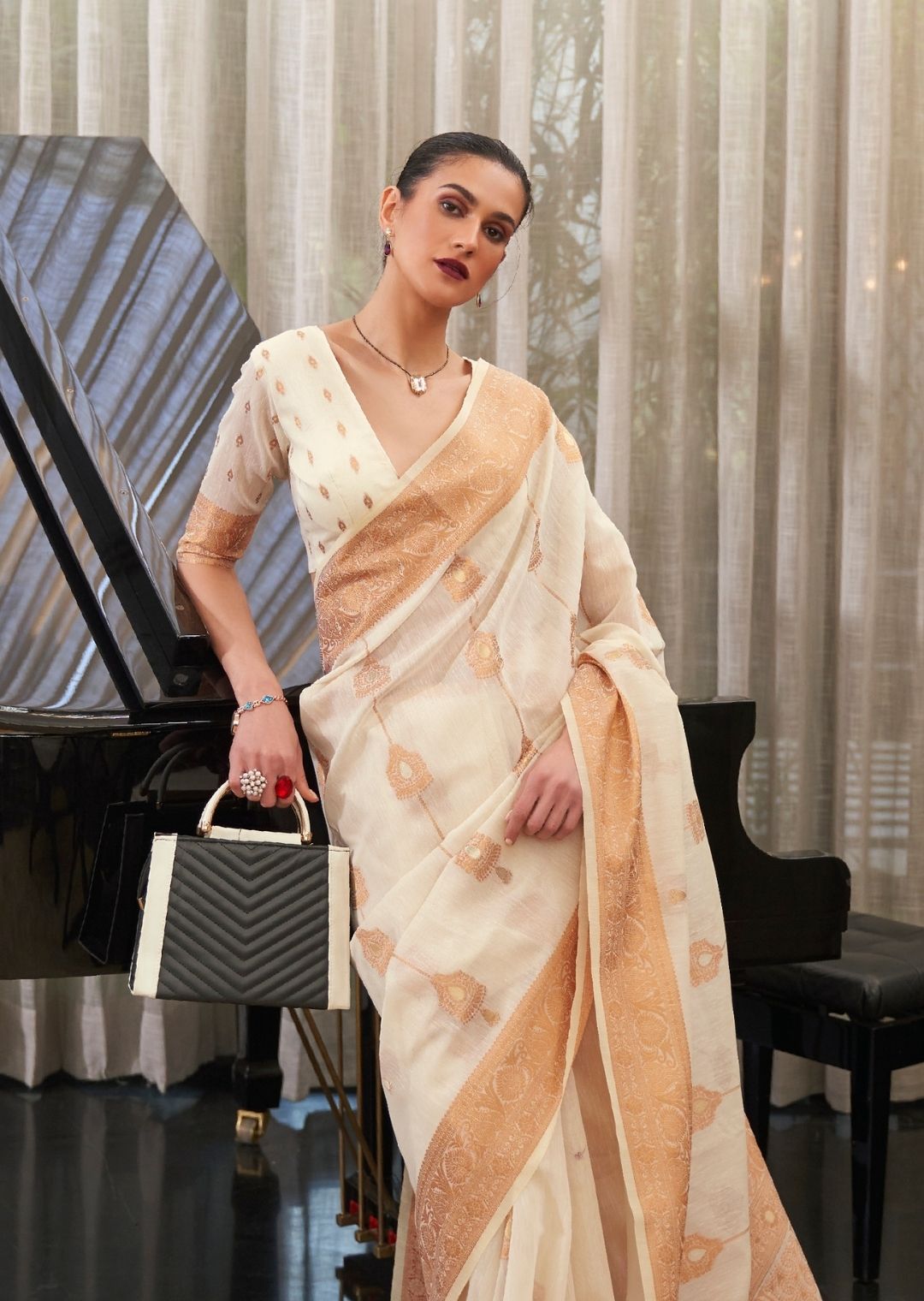 Milky White Zari Woven Pure Handloom Linen Saree