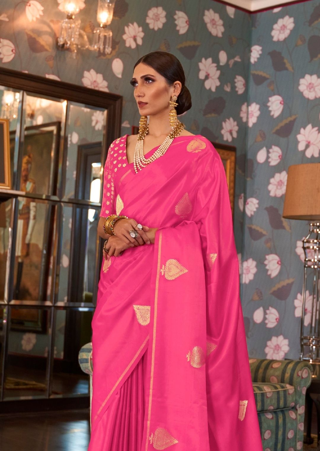 Fuchsia Pink Woven Pure Satin Silk Saree