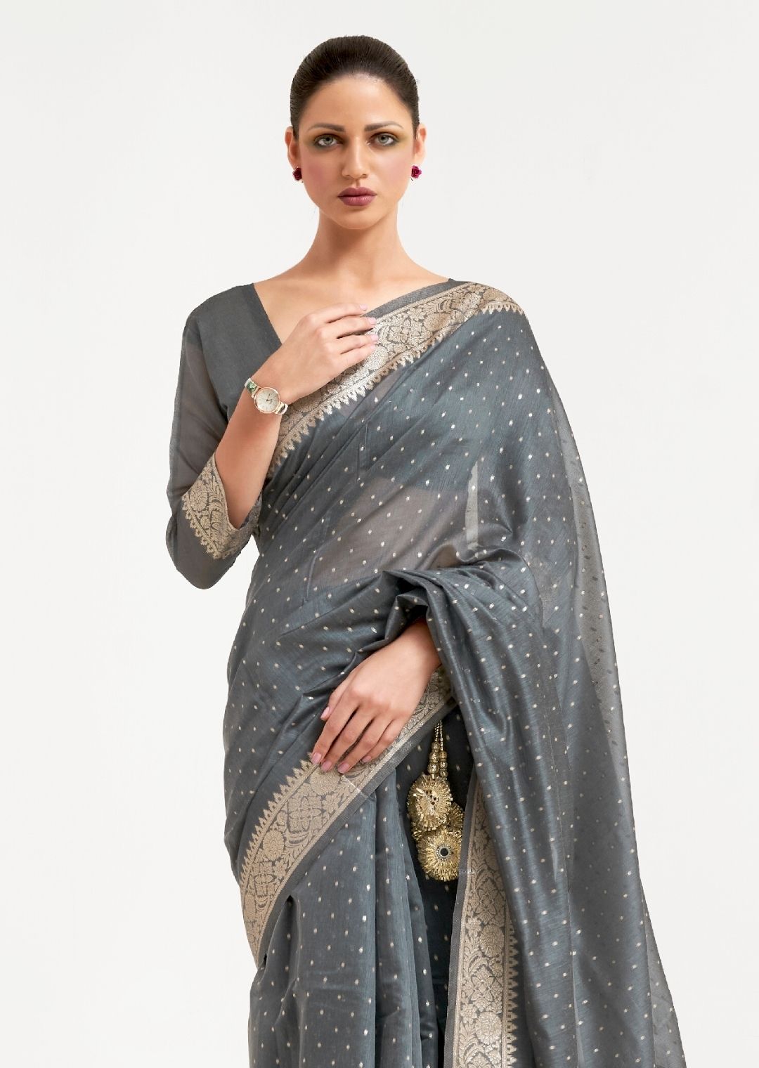 Silver Gray Woven Soft Tussar Cotton Silk Saree