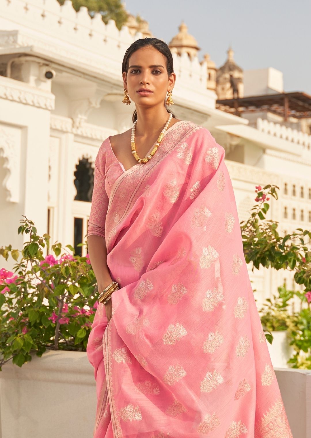 Blossom Pink Zari Woven Pure Handloom Linen Saree