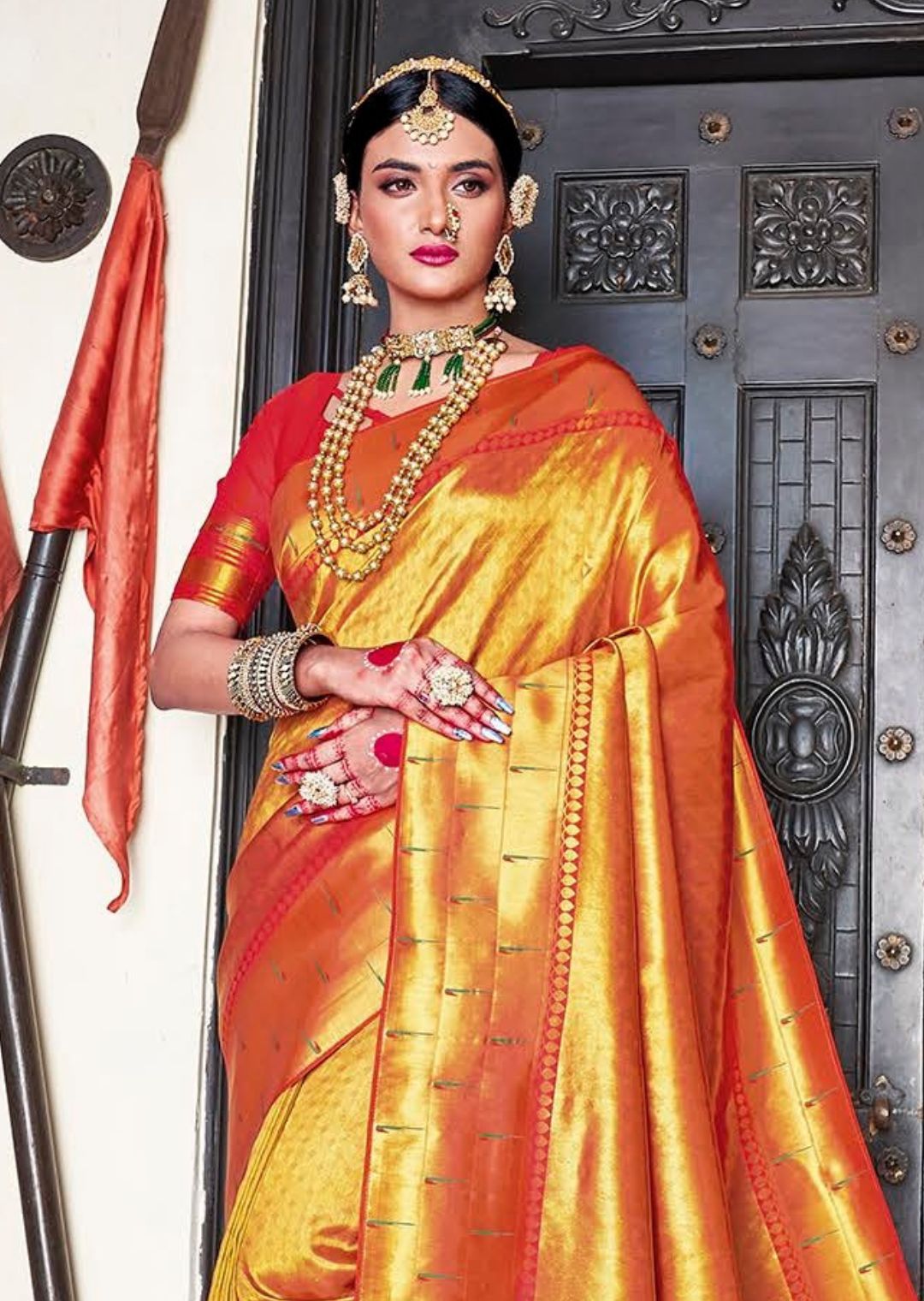 Golden Red Woven Pure Kanjivaram Traditional Paithani Silk Saree