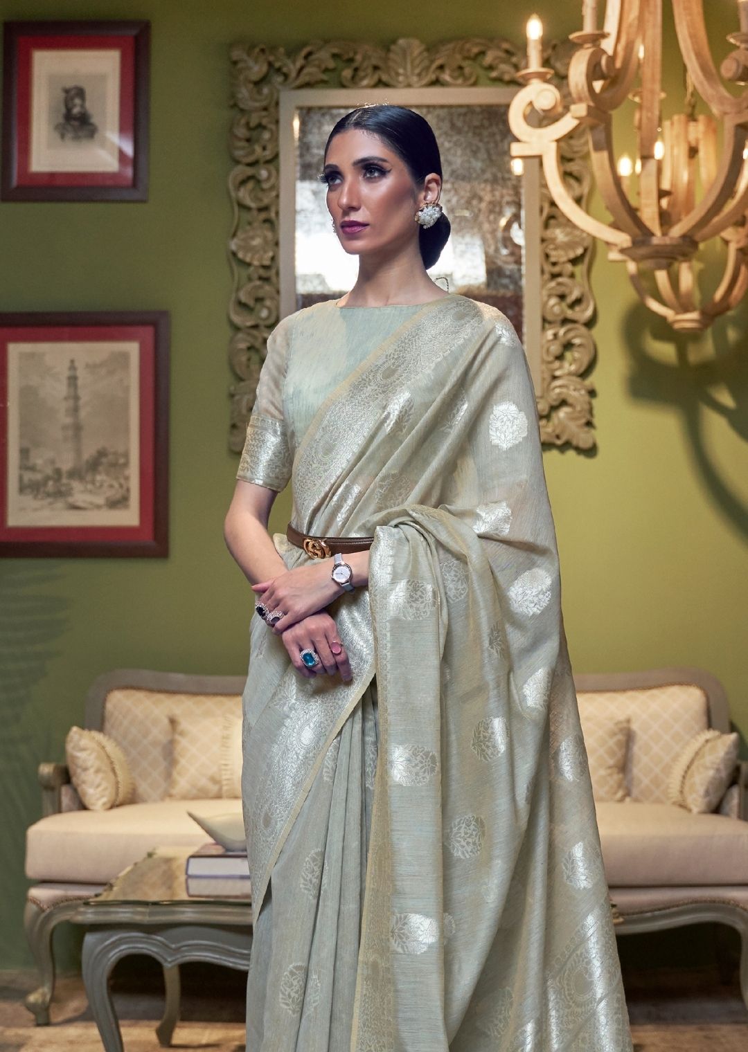 Light Sage Green Zari Woven Pure Handloom Linen Saree