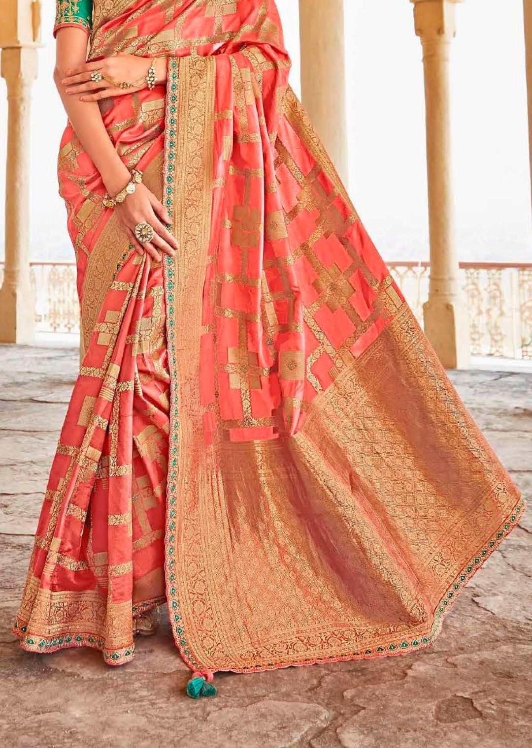Sunset Orange Woven Exclusive Designer Banarasi Silk Saree With Embroidered Silk Blouse