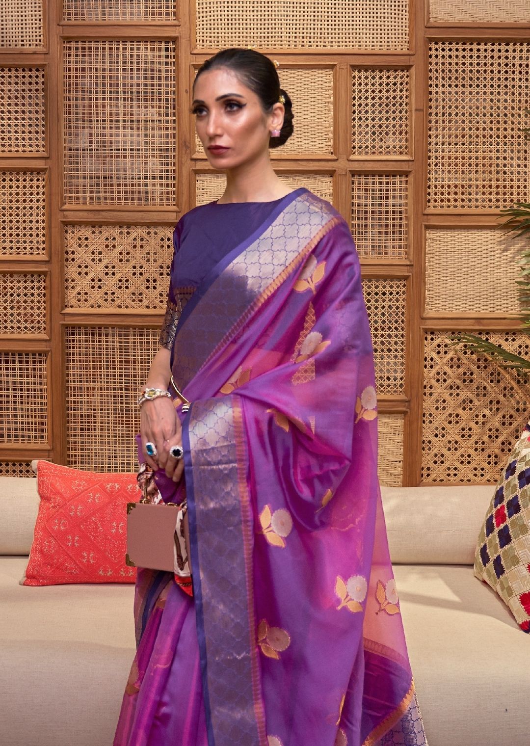 Magenta Purple Zari Woven Two Tone Pure Handloom Organza Silk Saree