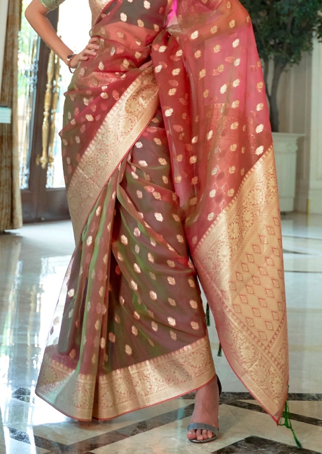 Golden Brown Hand Woven Organza Chanderi Silk Saree