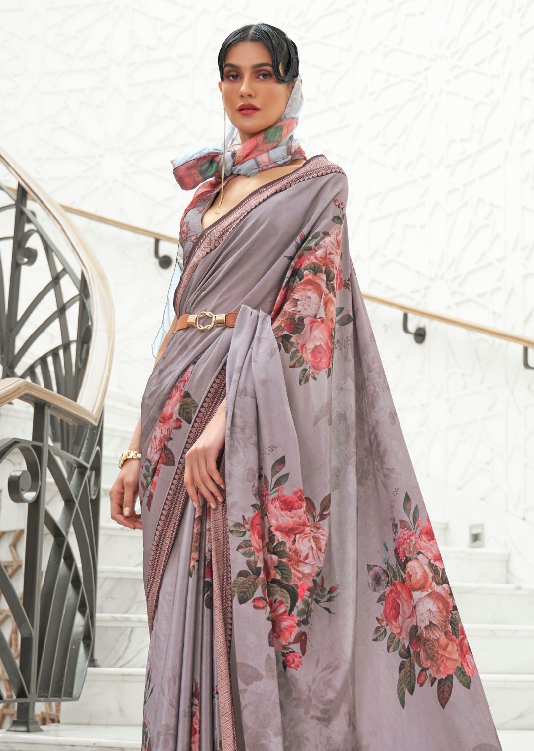 Mauve Gray Kalamkari Printed Pure Crepe Silk Saree