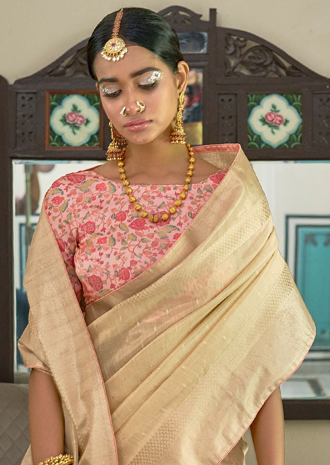 LATTE WHITE ZARI WOVEN TISSUE SILK SAREE