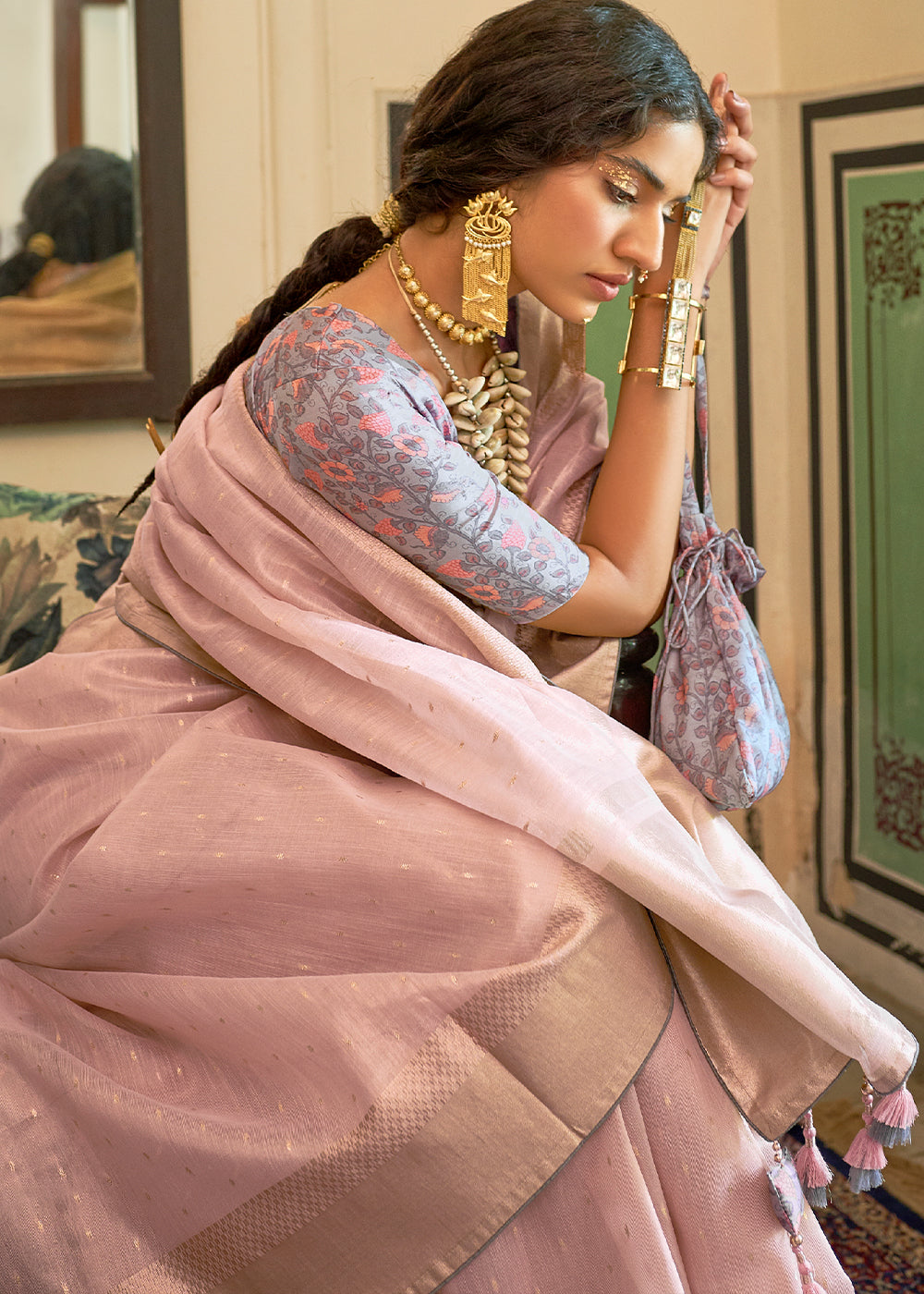 LEMONADE PINK ZARI WOVEN TISSUE SILK SAREE