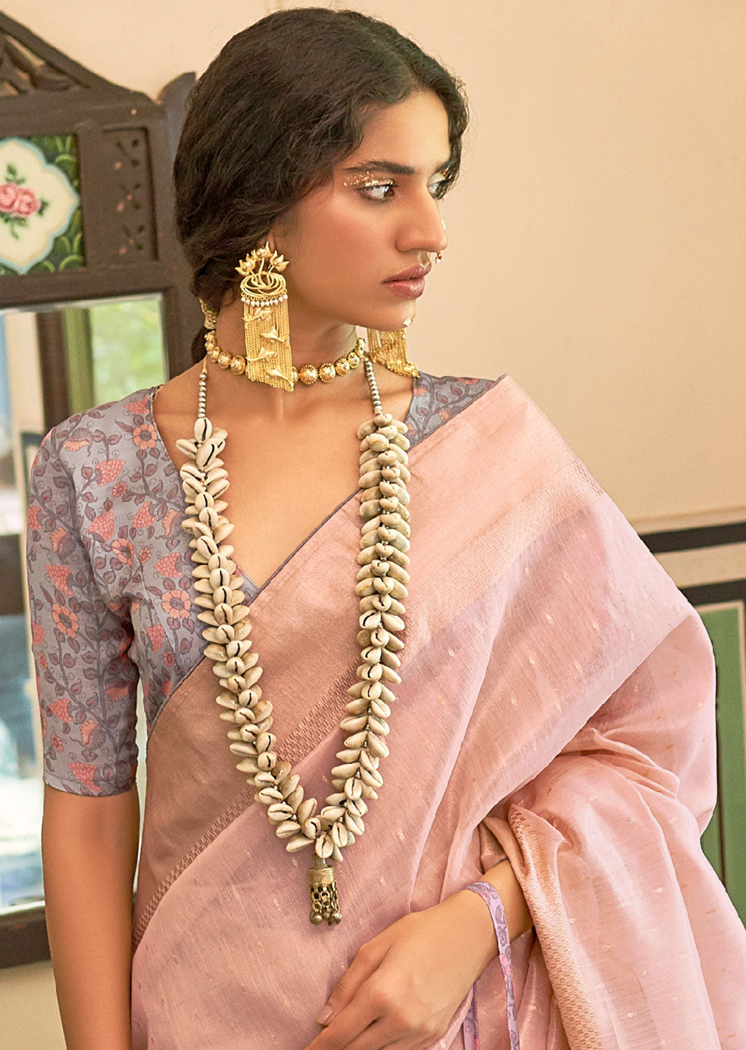 LEMONADE PINK ZARI WOVEN TISSUE SILK SAREE