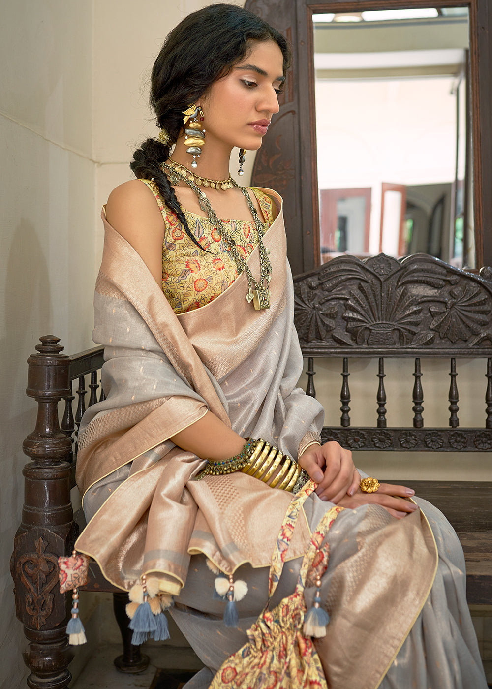 GRAY ZARI WOVEN TISSUE SILK SAREE