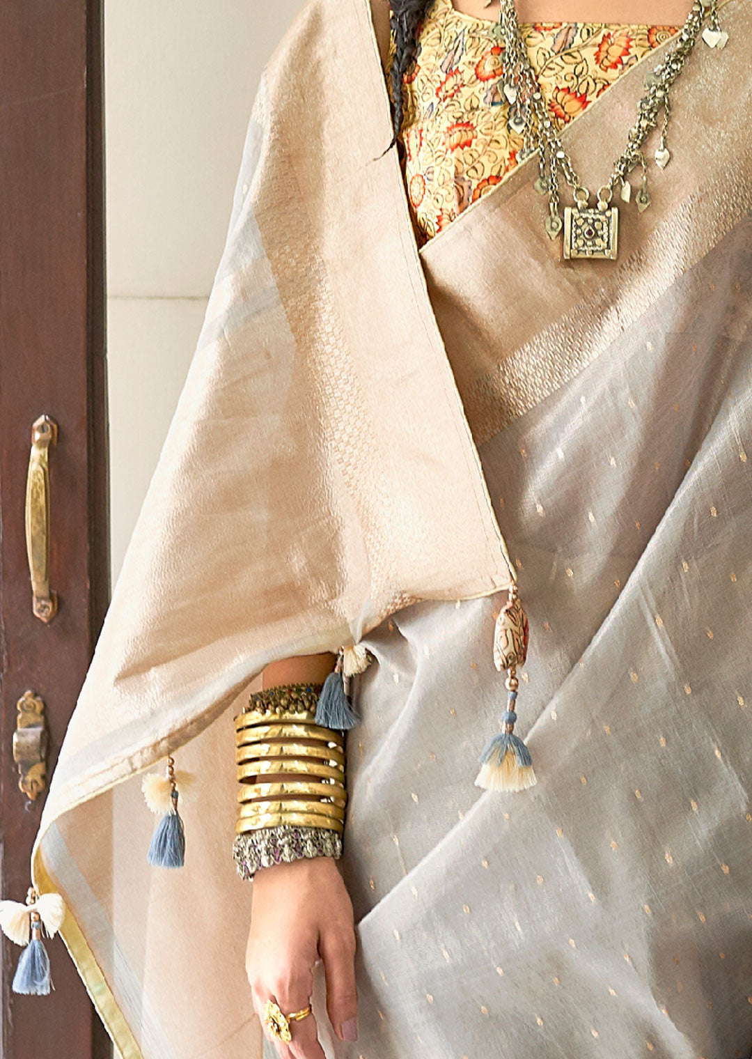 GRAY ZARI WOVEN TISSUE SILK SAREE