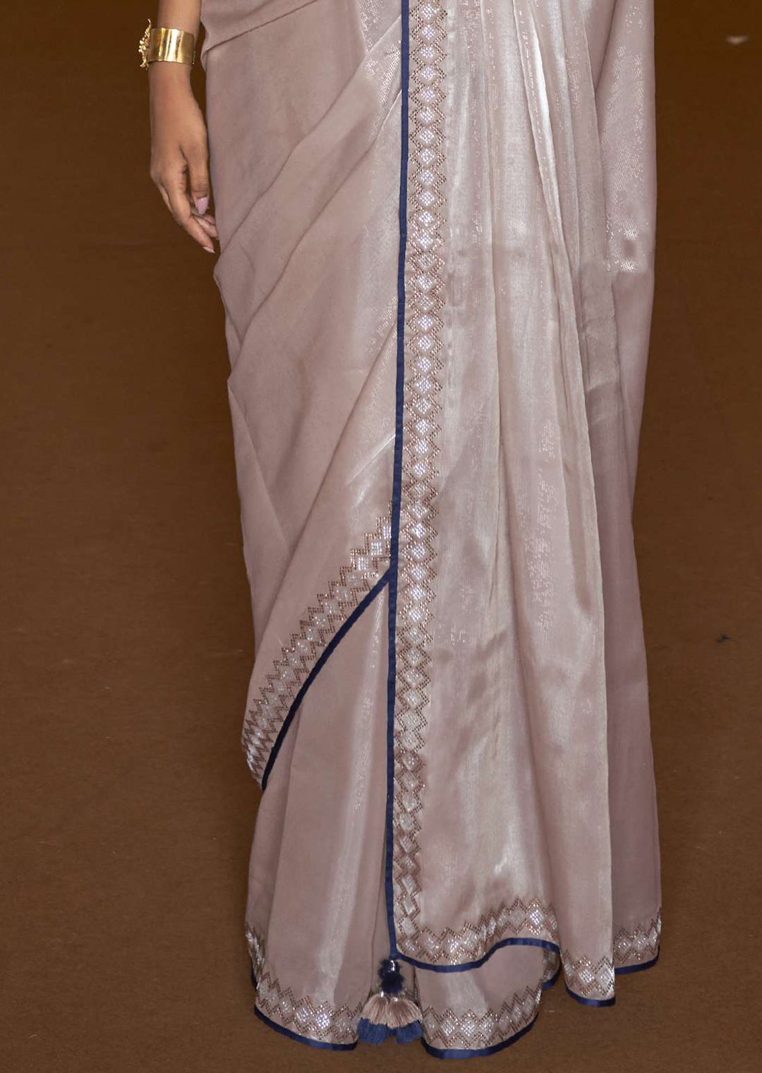 CHAMPAGNE PINK WOVEN DESIGNER SOFT TISSUE SILK SAREE WITH SWAROVSKI WORK