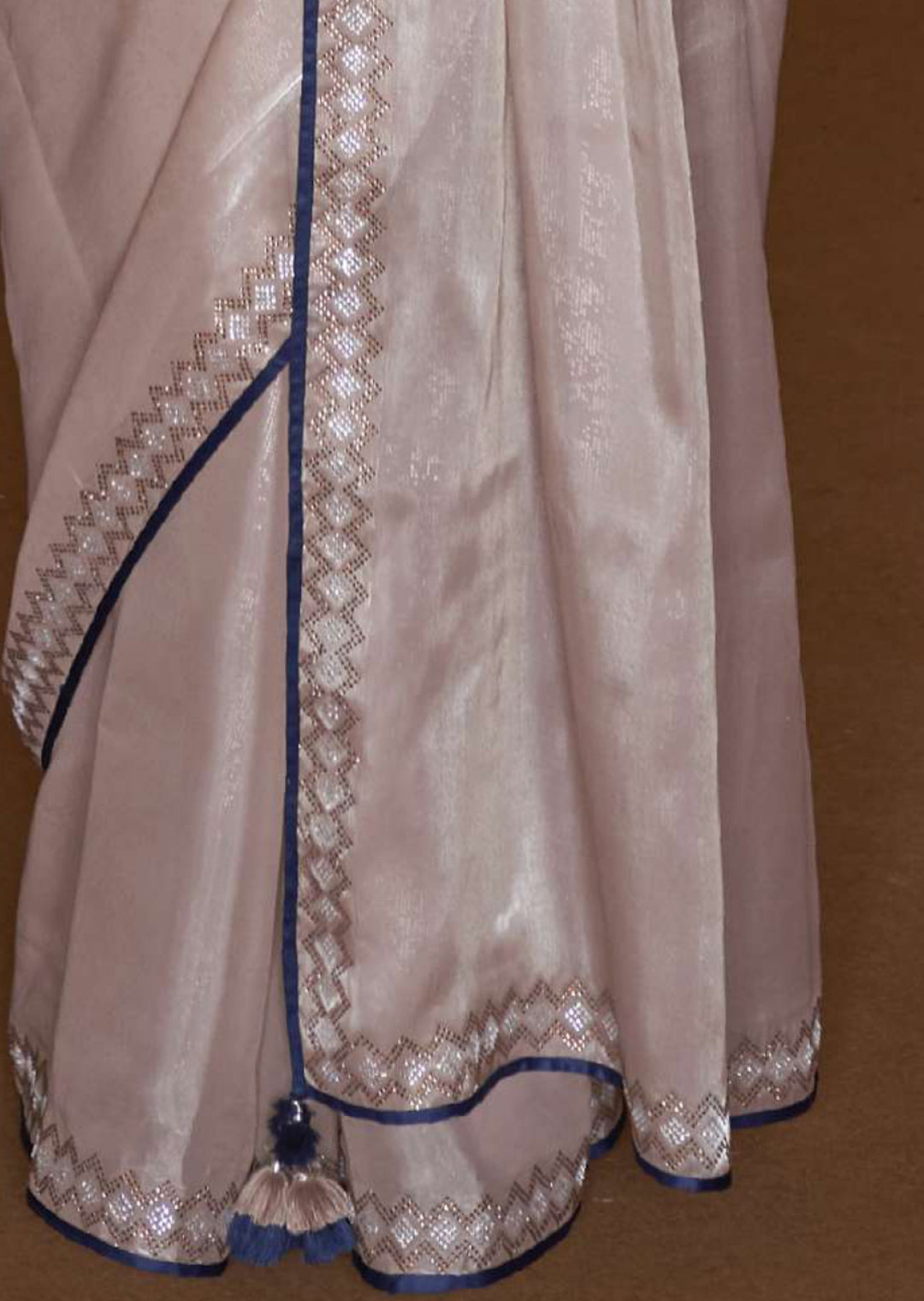 CHAMPAGNE PINK WOVEN DESIGNER SOFT TISSUE SILK SAREE WITH SWAROVSKI WORK