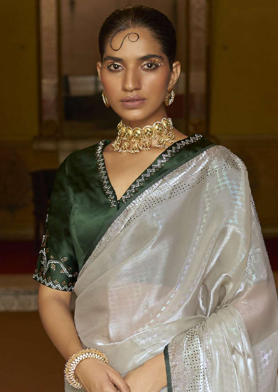 HONEYDEW GREEN WOVEN DESIGNER SOFT TISSUE SILK SAREE WITH SWAROVSKI WORK