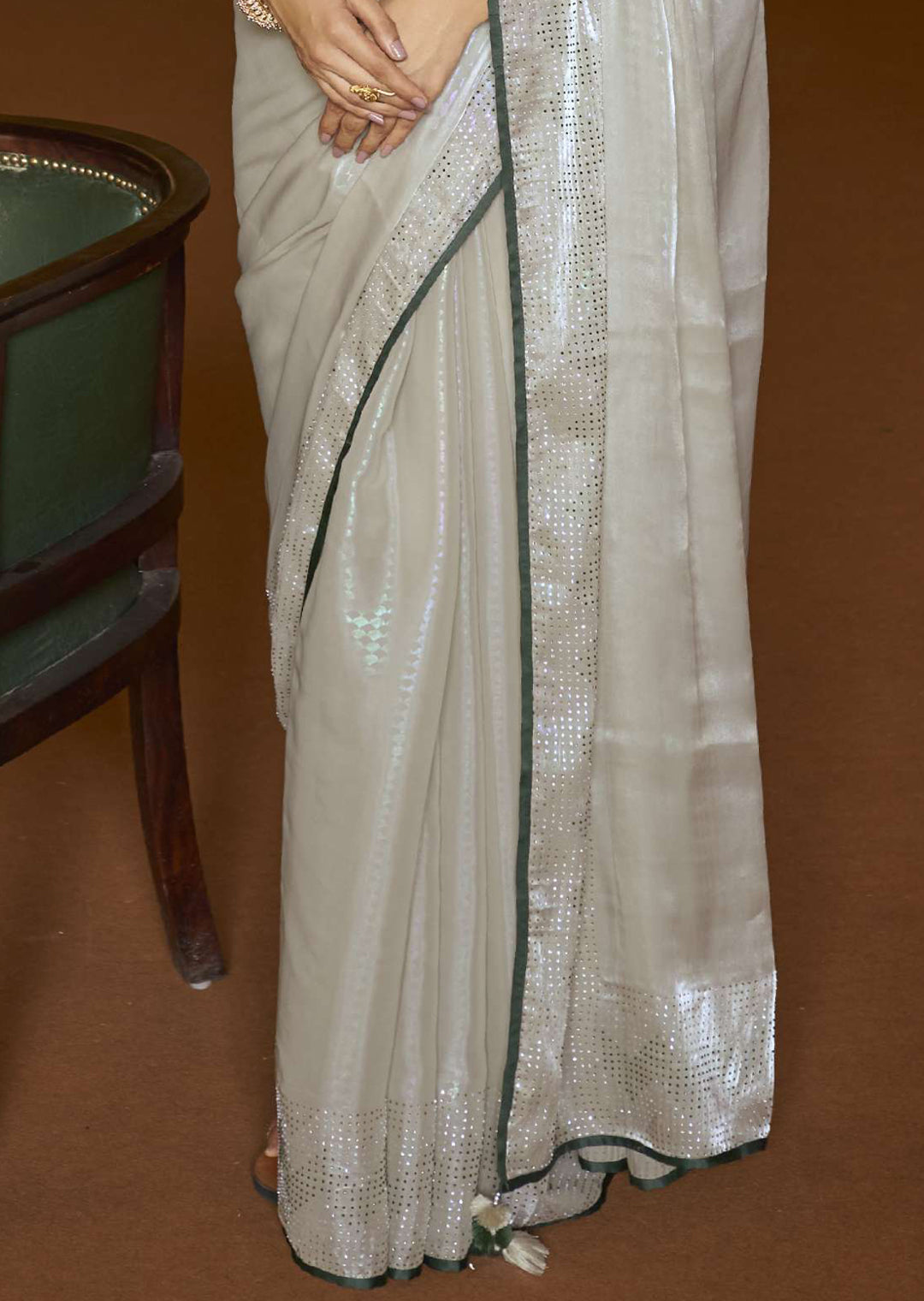 HONEYDEW GREEN WOVEN DESIGNER SOFT TISSUE SILK SAREE WITH SWAROVSKI WORK