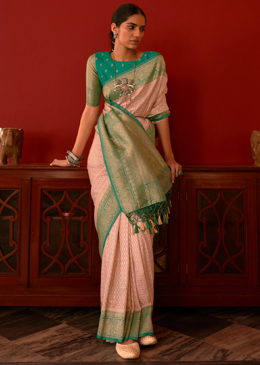 PALE PINK WOVEN KHADDI GEORGETTE BANARASI SAREE WITH